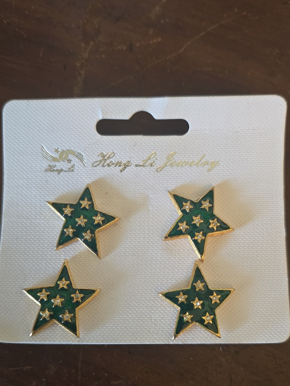 Green Enamel Star Pins with Gold Trim - Set of 4